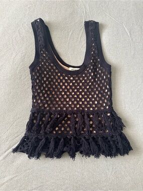 L'AGENCE Navy Crochet Fringe Tank
